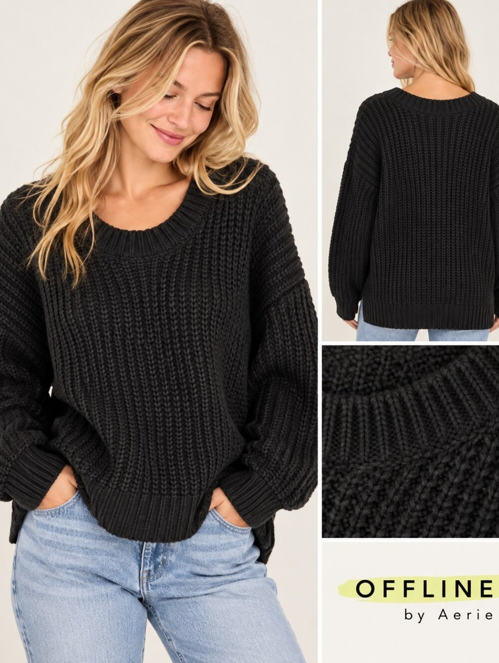 Offline by Aerie Black Chunky Knit Oversized Sweater Size Large Cozy Pullover